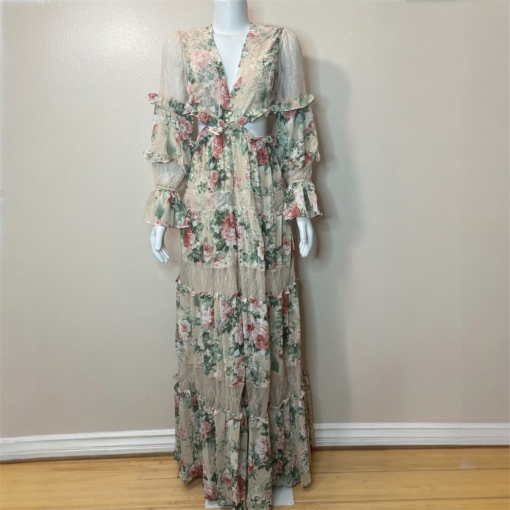 Floral print cutout long sleeve maxi dress with ruffle details